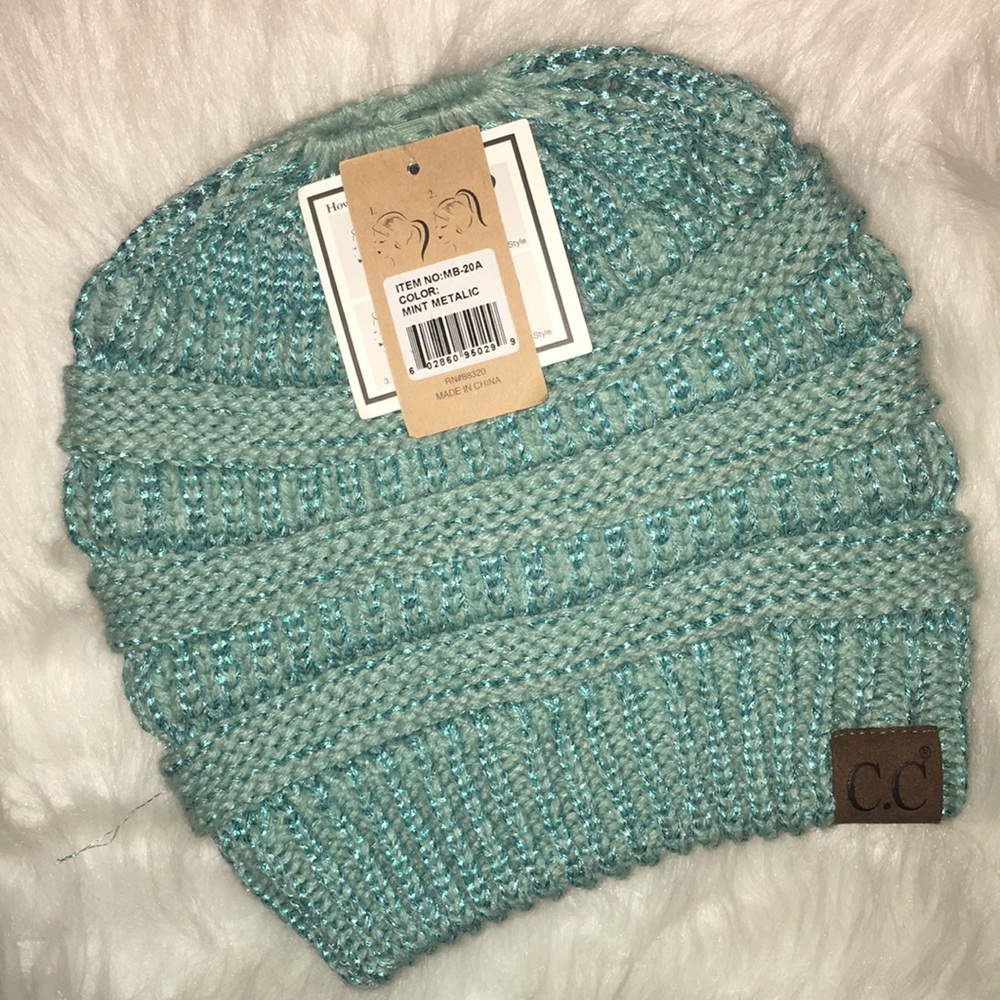 C.C Messy Bun Beanie Tail in Mint Metallic - Picture 3 of 15